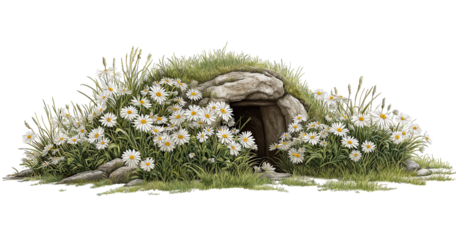 Painted prehistoric burial mound entrance with daisies and grass isolated on a transparent background
