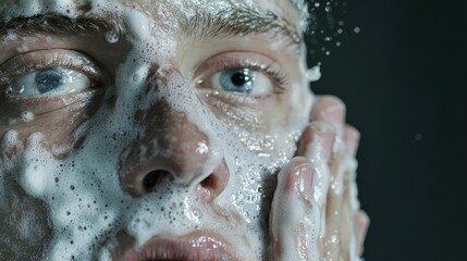Fototapeta premium Close-up man washing face with soap, dramatic expression