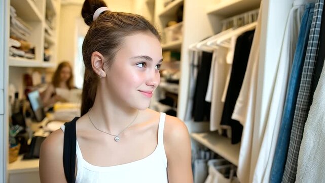 A junior chooses an outfit from a wardrobe stuffed with clothes scarves dangling and a mirror reflecting a cluttered desk rendered in a stylish photo with fabric folds