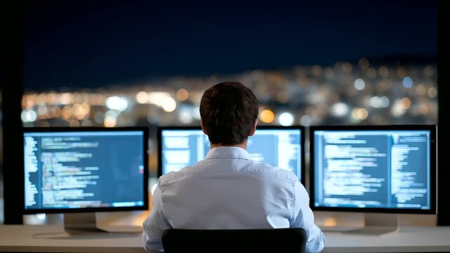A junior codes late at night in a computer lab surrounded by monitors empty energy drink cans and lines of code glowing on screens captured in a techy photo with pixel clarity