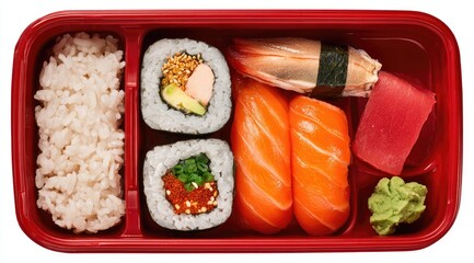 Red bento box filled with sushi and rice