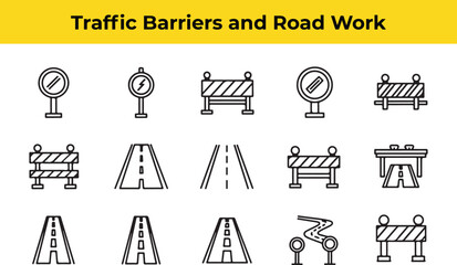 Traffic barriers and road work icons featuring signs, cones, and road blocks to indicate construction and caution for driver and pedestrian safety