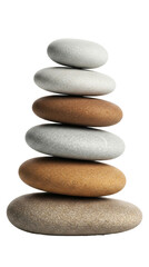 Stacked smooth river stones in a balanced cairn showcasing natural grey and brown hues, isolated on transparent background