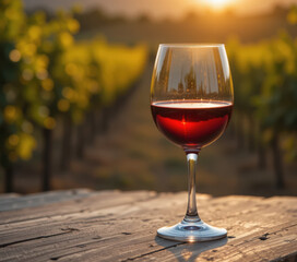 Golden hour A glass of deep red wine on a rustic table, against a sun-drenched vineyard backdrop as the day gracefully ends