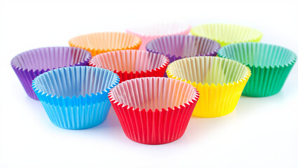 Colorful cupcake liners arranged on white surface. AI generated.

