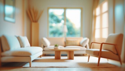 Fototapeta premium A cozy living room with comfortable sofas, chairs, and natural light streaming through large windows. Modern interior design in warm tones.