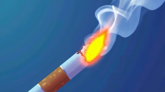 Cigarette smoldering with white smoke against blue background, emphasizing the tobacco burn and ashes. Health implications of smoking depicted through this .