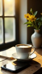 Coffee, phone, empty frame on wood table Cozy morning scene , wooden table, template