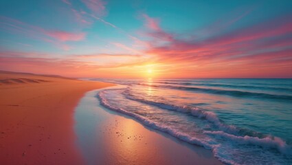 Sunset over a beach with vibrant colors and gentle waves, capturing a serene and beautiful coastal scene.