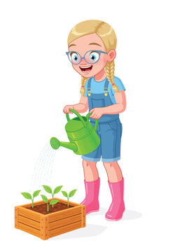 A cute little girl wearing glasses and overalls is watering seedlings. Cartoon vector illustration.