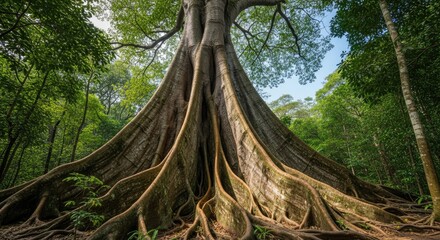 Impressive buttress roots of an old tropical tree under dappled sunlight in a lush green jungle