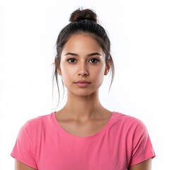 Fototapeta premium Young woman posing with neutral expression in pink t-shirt 