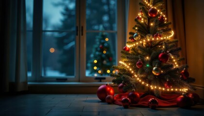 Fototapeta premium Ornate Christmas tree with glowing lights and ornaments, ornaments, festive, celebration