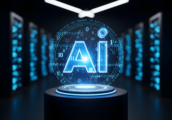 Cutting-Edge AI Technology Display in Modern Server Room - Futuristic Innovation and Data Science Solutions for Business, Professional, and Creative Projects with Holographic Design