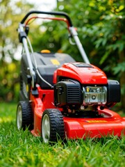 Lawn care activity mowing grass residential garden photography sunny day low angle gardening essentials