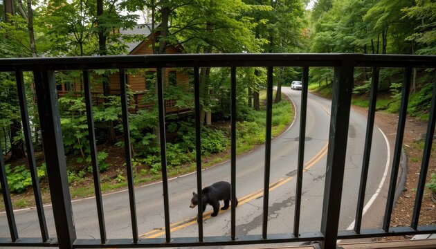 Black bear crossing road forested area nature photography scenic view wild animal encounter