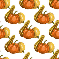 Hand drawn vintage seamless pattern with pumpkins and squashes in rustic autumn harvest retro style illustration background