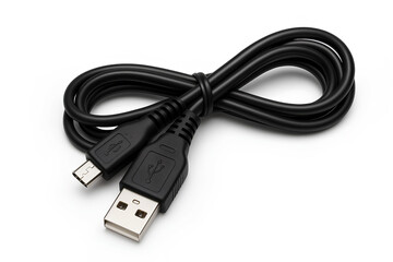 A black USB-A to Micro-USB cable neatly coiled on a white background.