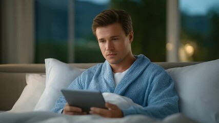 A student checks lecture notes on a tablet in a bedroom with pillows fluffed a clock ticking and a window showing a waking campus rendered in a digital photo with screen clarity - Powered by Adobe