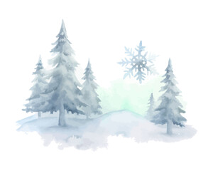 Winter snowflakes & pine trees in watercolor style
