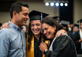 Proud parents embrace their beaming daughter at her college graduation ceremony, celebrating a significant academic milestone and bright future