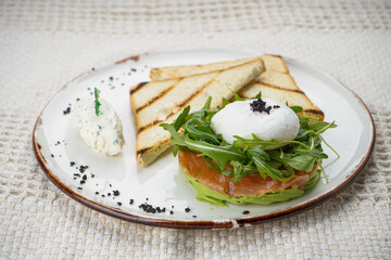 Salmon and avocado and arugula tartare on a plate with toast and lemon on a white background