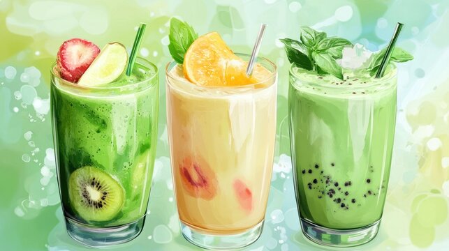Colorful smoothie glasses, vibrant background, healthy drinks
