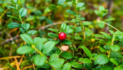 Close-up of a red berry in a green forest