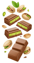 Chocolate bars with pistachio filling and shelled pistachios surrounded by green leaves isolated on white, perfect for dessert and snack advertising