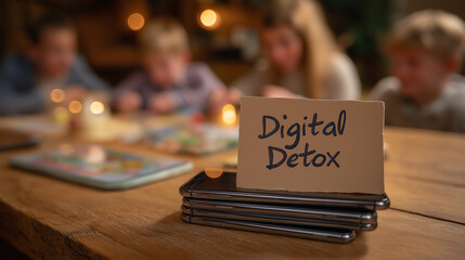 Digital detox sign on smartphones with happy family playing boardgames in background