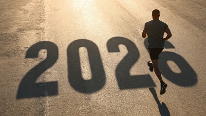A runner strides forward on a scenic path, embodying the spirit of New Year's resolutions for 2026. The backdrop captures the essence of winter and festive energy