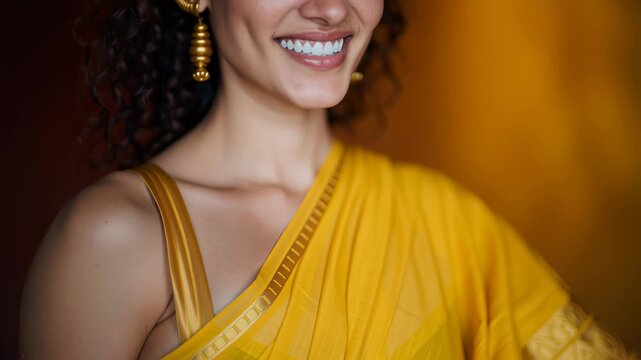 Smiling woman in yellow sari with golden earrings.