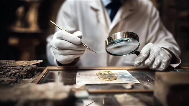 An intern restores artifacts in a museum workshop with delicate brushes dusting relics gloves handling pottery shards magnifying glasses on tables and curators discussing nearby