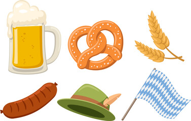 Set of beer glass, pretzel, ears of corn, sausage, hat, flag on a white background. Okroberfest