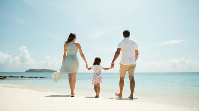 Loving family walks on a white beach, Mauritius