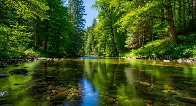 A clear river flows through a lush green forest on a sunny day