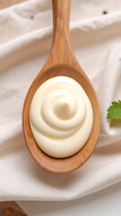 Creamy Swirl of Mayonnaise in Wooden Spoon.