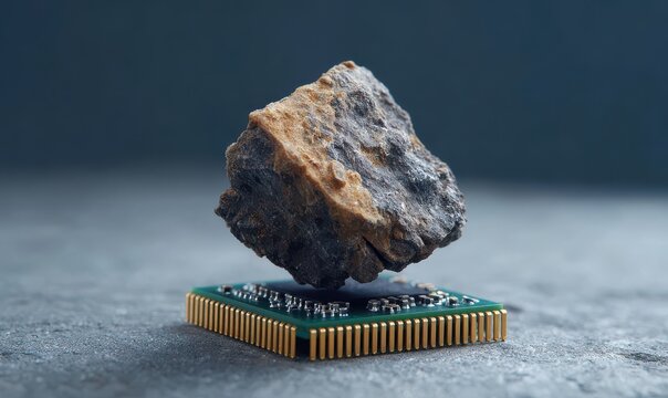 A rare earth mineral placed on a microchip, symbolizing modern production, technology, and tech industry resources.