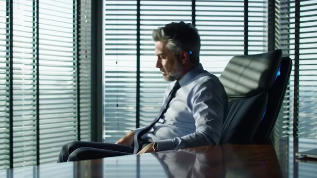 Tired businessman in shirt resting in office chair after long workday
