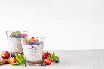 Chia seeds pudding dessert with fresh berries
