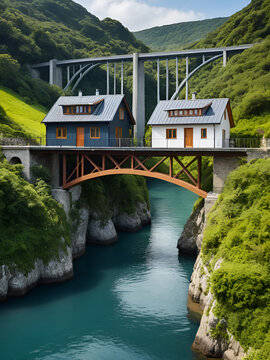 Two houses connected by bridge symbolize reciprocal relationships and balance of tariff systems in trade