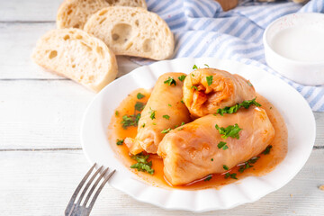 Cabbage rolls, stuffed golubtsi with meat and vegetable fillings