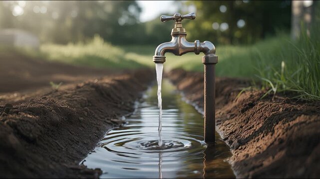 Water Flowing from Tap: A captivating visual of a tap, elegantly delivering a steady stream of fresh, clear water into an irrigation channel, demonstrating responsible water usage.