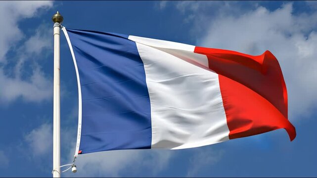 French Flag: A vibrant representation of the French Tricolore flag, its colors of blue, white, and red waving proudly against a dynamic backdrop of a bright sky with clouds