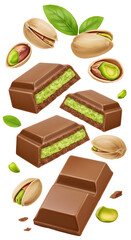 Milk chocolate bars filled with creamy pistachio and whole pistachio nuts with green leaves, perfect for gourmet snacks and healthy treats