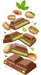 Milk chocolate bars filled with pistachio cream and whole pistachio nuts surrounded by shelled and unshelled pistachios, perfect for dessert and snack visuals
