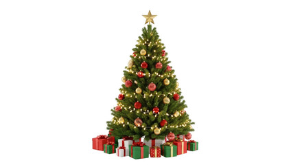 Fototapeta premium Decorated Christmas tree with gifts and lights on black background