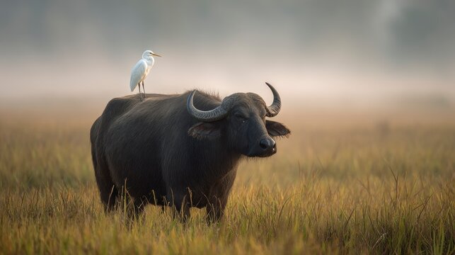 Water buffalo and egret in golden field
