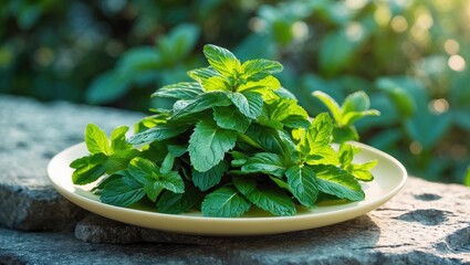 Fresh mint leaves on a plate, natural herb, culinary ingredient, herbal medicine, green plant, aroma, and flavor.