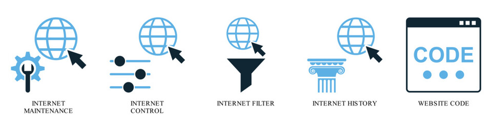 Set internet icon vector for global connectivity, web services, and online communication. This collection is ideal for illustrating digital networks, data transfer, and worldwide information access.